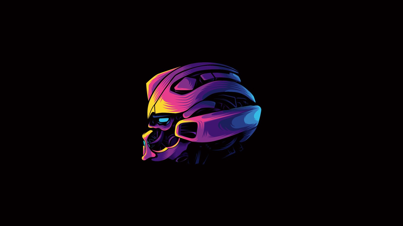 Um close de um capacete com um esqueleto nele (robô, abelhão, transformers, minimalismo, roxo)