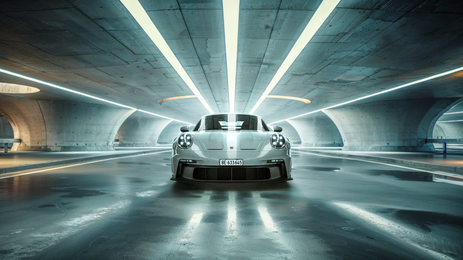 Un gros plan d'une voiture dans un tunnel avec des lumières (porsche 911 gt3 rs, tunnel, 5k, éclairage led, voitures)