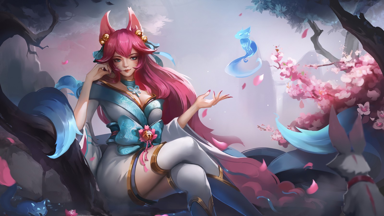 Una mujer en un vestido azul sentada en una rama de árbol (flor espiritual, ahri, lol, league of legends, videojuego)