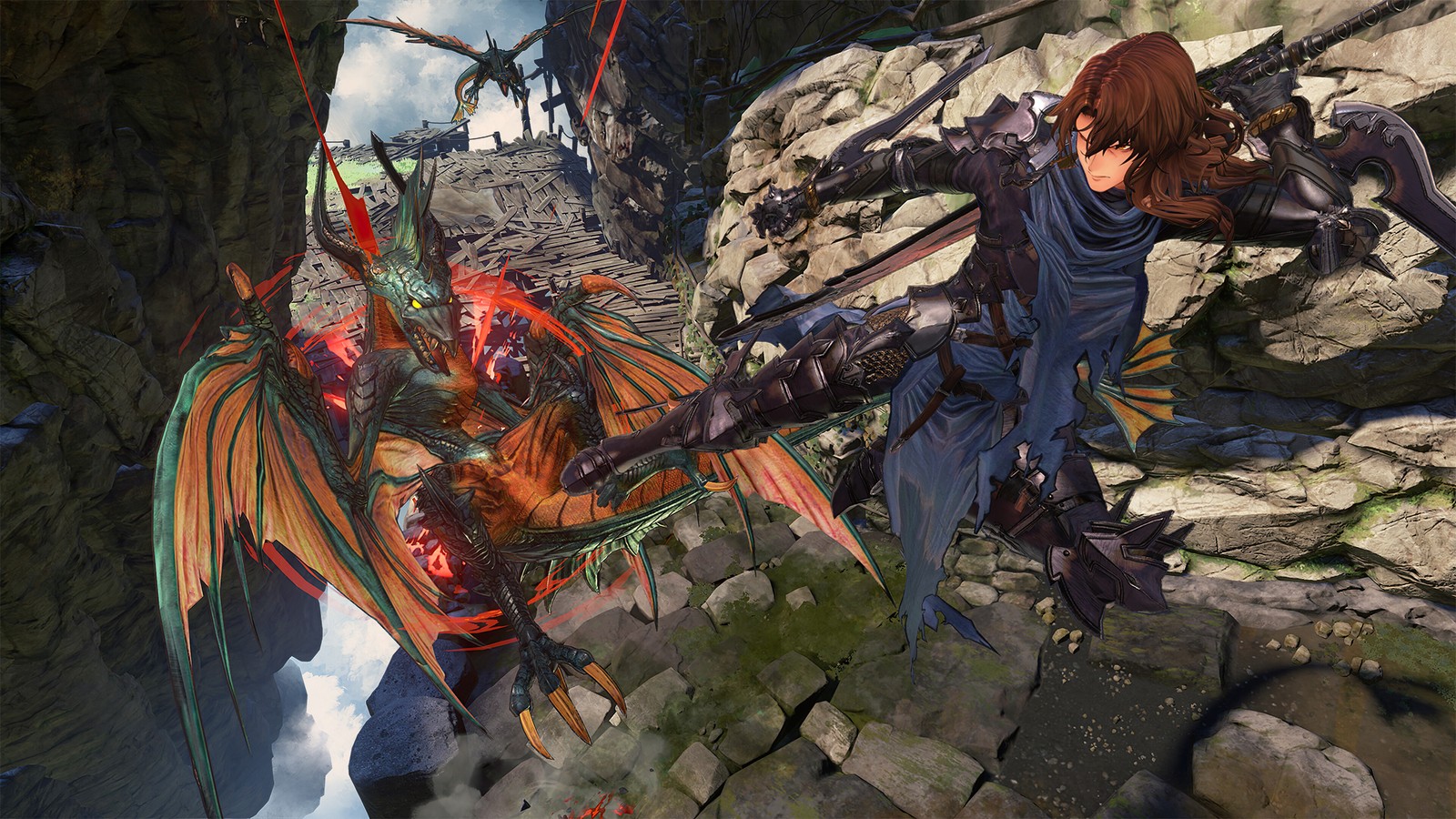 A close up of a person on a rock with a dragon (siegfried, granblue fantasy relink, video game)