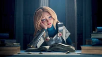 Lux contemplando na biblioteca: um momento de reflexão em League of Legends Wild Rift