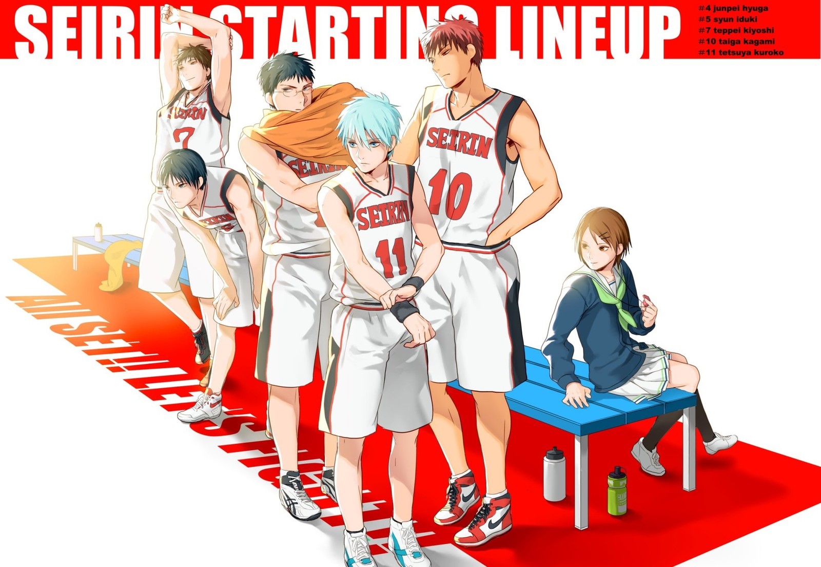 Eine gruppe junger männer steht nebeneinander auf einem roten teppich (kurokos basketball, tetsuya kuroko, anime, basketball, manga)