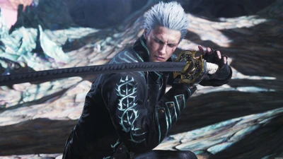 Vergil empuñando una katana en una pose dramática de Devil May Cry 5.