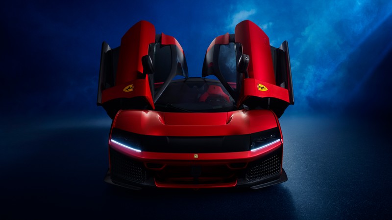 Красный спортивный автомобиль с открытыми дверями (феррари f80, ferrari f80, красные машины, 2025, 5k)