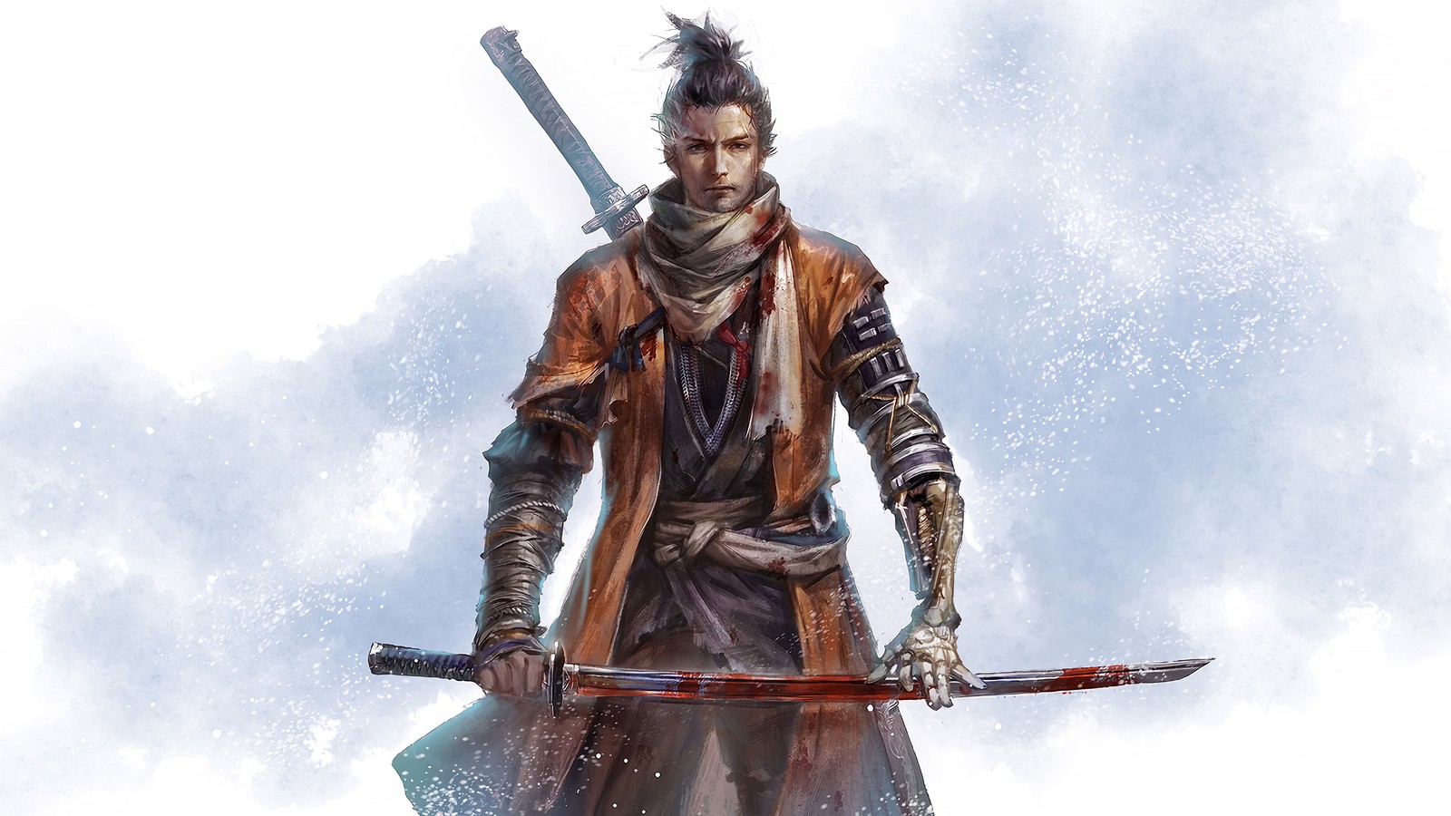 Arafed image of a man with a sword in the snow (sekiro shadows die twice, video game, character)