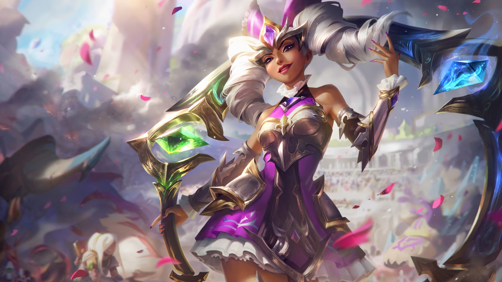 A woman in a purple dress holding a sword and a purple hat (battle queen, qiyana, splash art, lol, video game)