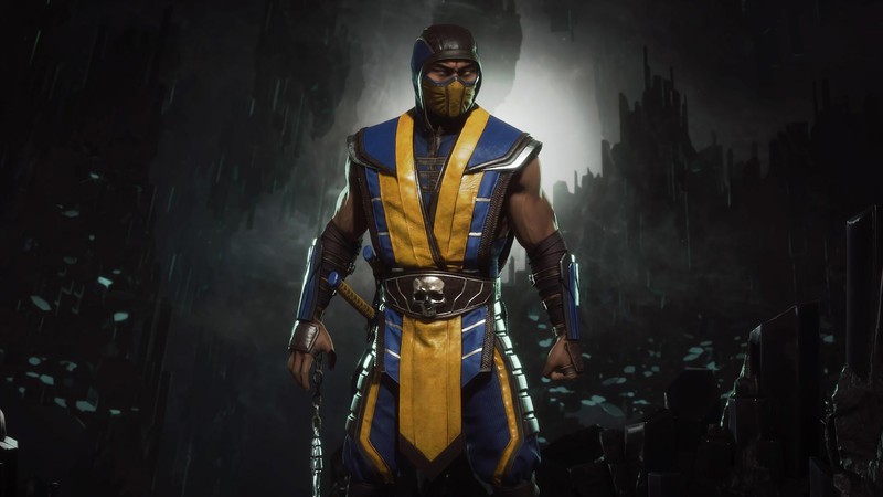 Мужчина в желтом и синем костюме стоит под дождем (скорпион, mortal kombat 11, видеоигра)