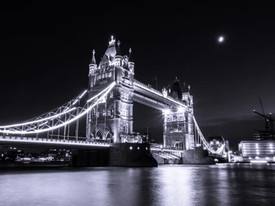 Paysage nocturne monochrome du Tower Bridge illuminé sur la rivière Thames, Londres