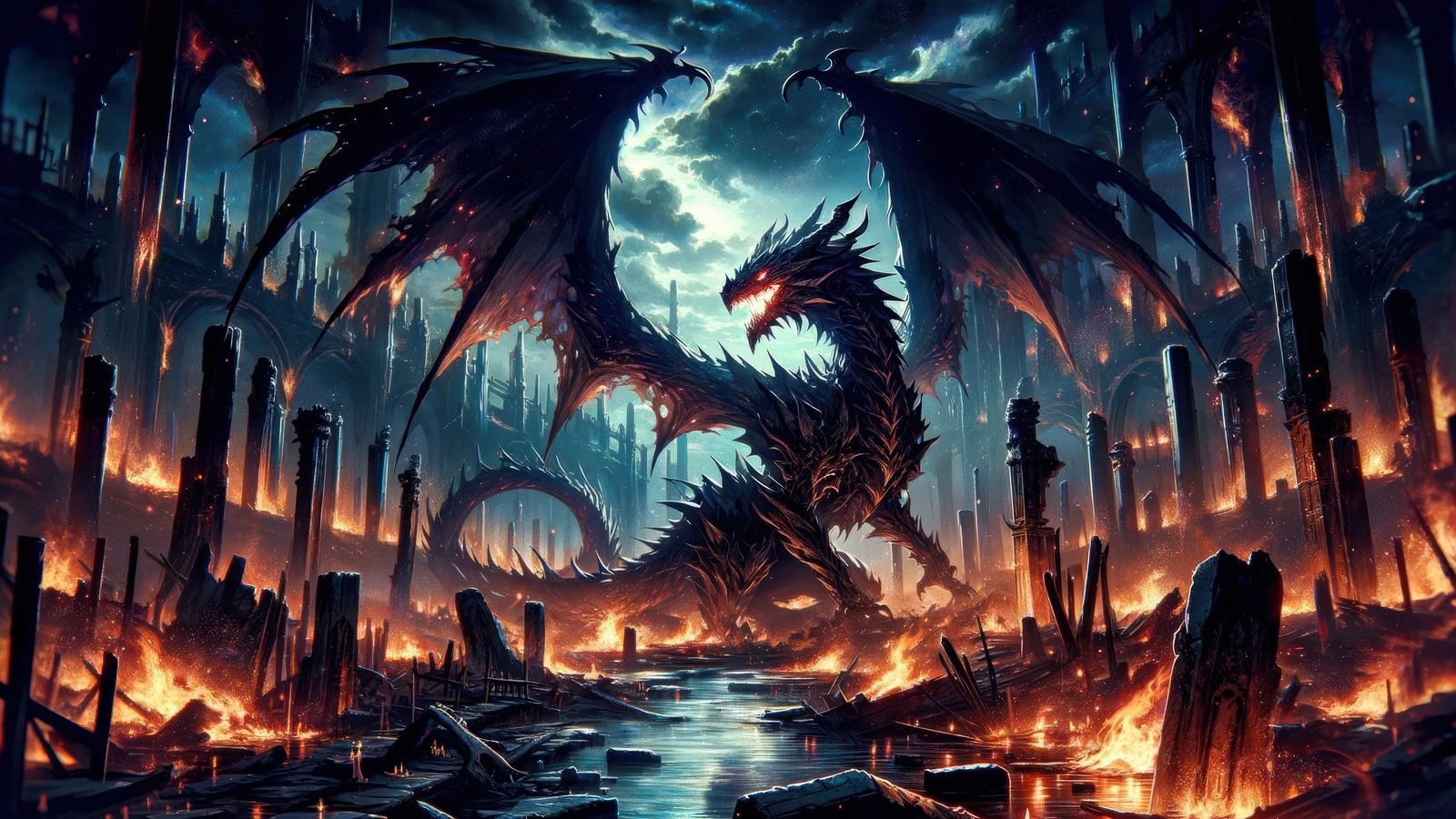 Un dragon est au milieu d'une forêt remplie de feu (dragon, fantaisie)