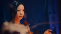 Kazuha from LE SSERAFIM holding a rose in a moody, atmospheric setting.