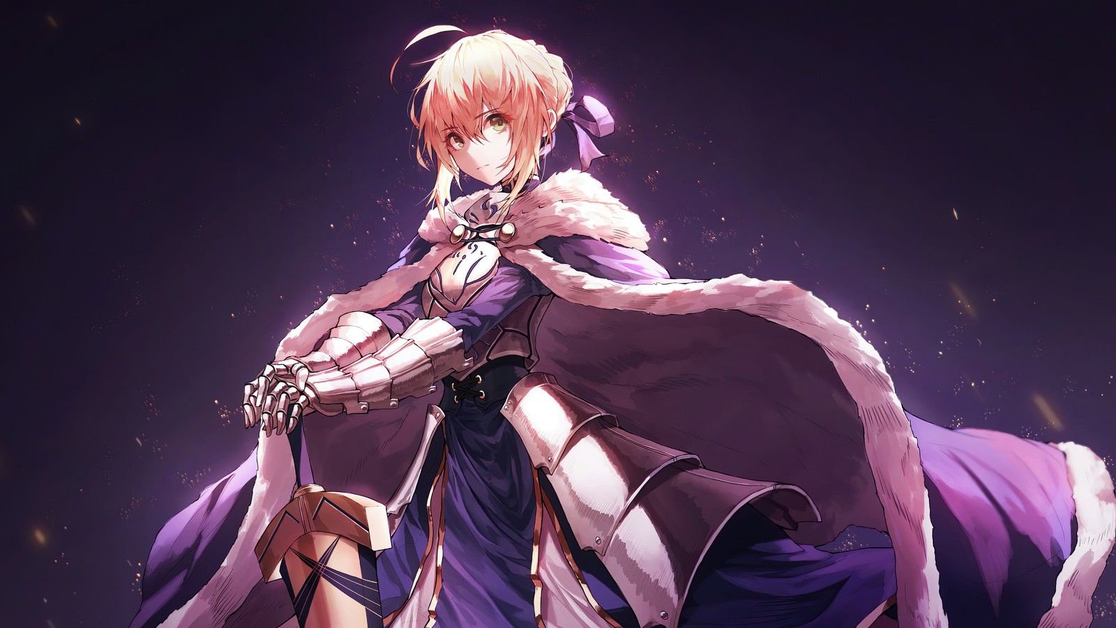 Une femme en robe violette tenant une épée et un manteau violet (sabre, destin reste nuit, anime, filles, série fate)