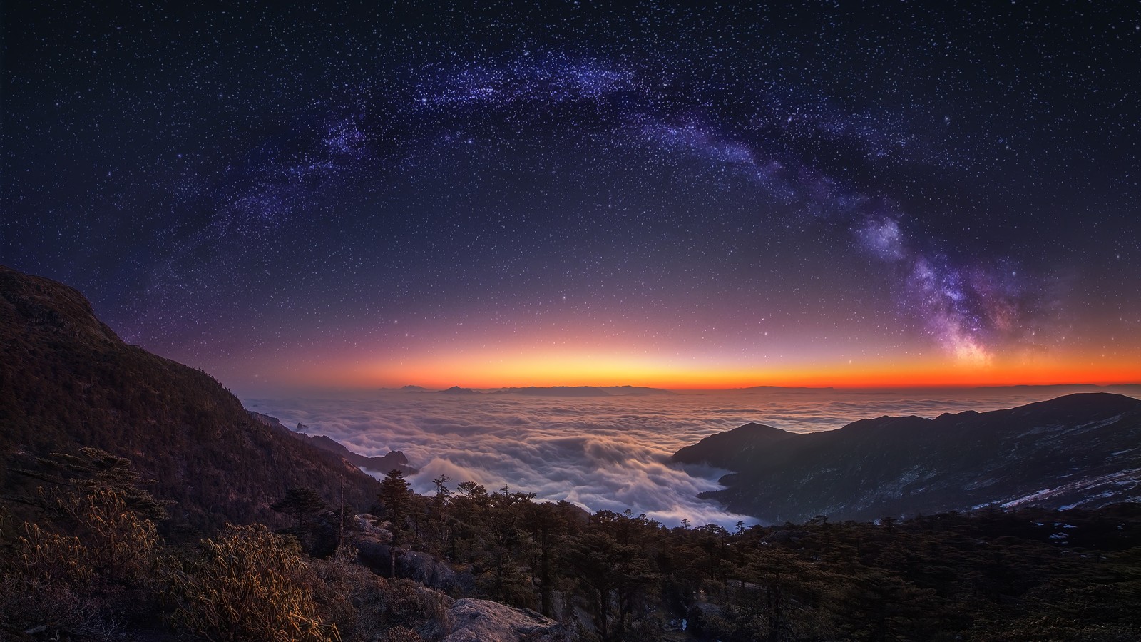 Uma vista da via láctea e da via láctea acima das nuvens (montanha, paisagem, nuvens, noite, céu)