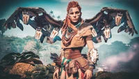 Aloy se apresenta confiantemente em uma paisagem vibrante e exuberante, adornada com acessórios tribais e asas mecânicas, incorporando o espírito de uma feroz mulher guerreira em um rico cenário de mundo aberto.