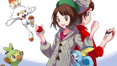 Treinadores Pokémon com Sobble, Scorbunny e Grookey de Espada e Escudo