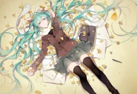 Hatsune Miku rodeada de hojas de otoño y cartas