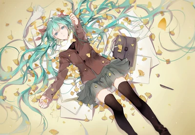 Hatsune Miku cercada por folhas de outono e cartas