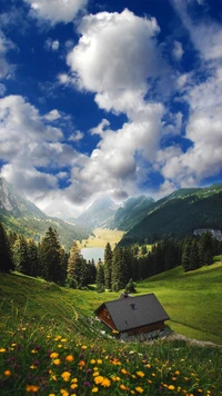 Serene Mountain Landscape with Wildflowers and a Tranquil Lake