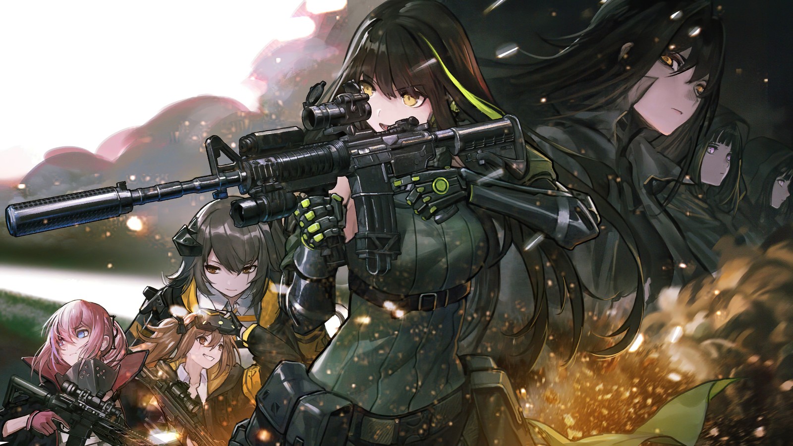 Anime girls with guns and a man with a gun (anime, girls frontline, video game, guns, rifle)