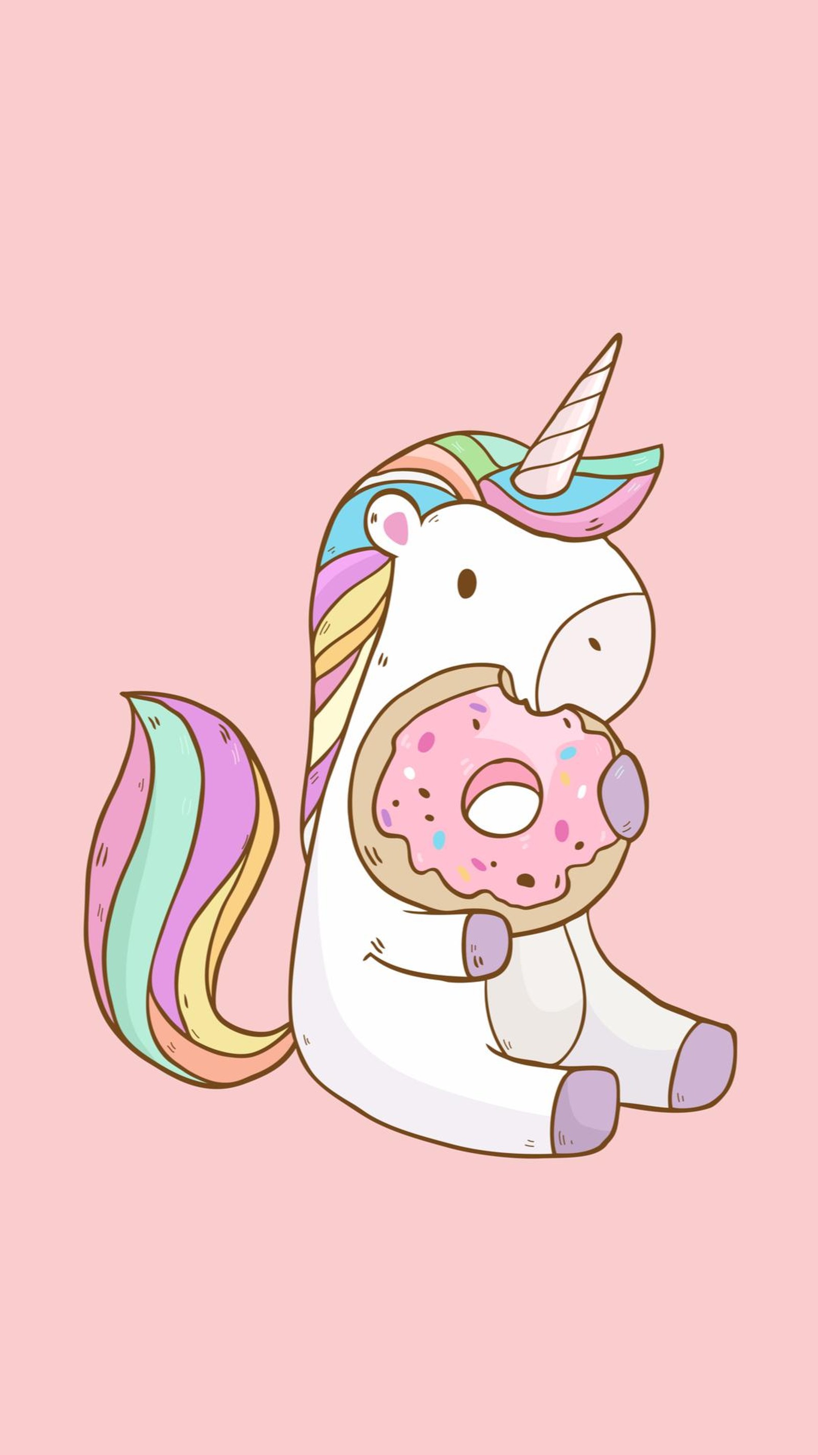 Un unicornio de dibujos animados comiendo una dona con un fondo rosa (rosa, melena, gráfico prediseñado, personaje ficticio, ternura)