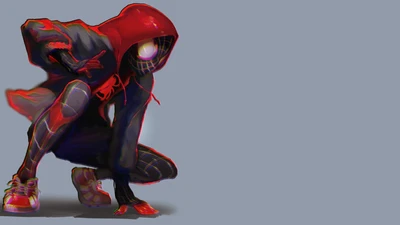 Miles Morales en tant que Spider-Man, en position accroupie dynamique avec un costume rouge et noir frappant.