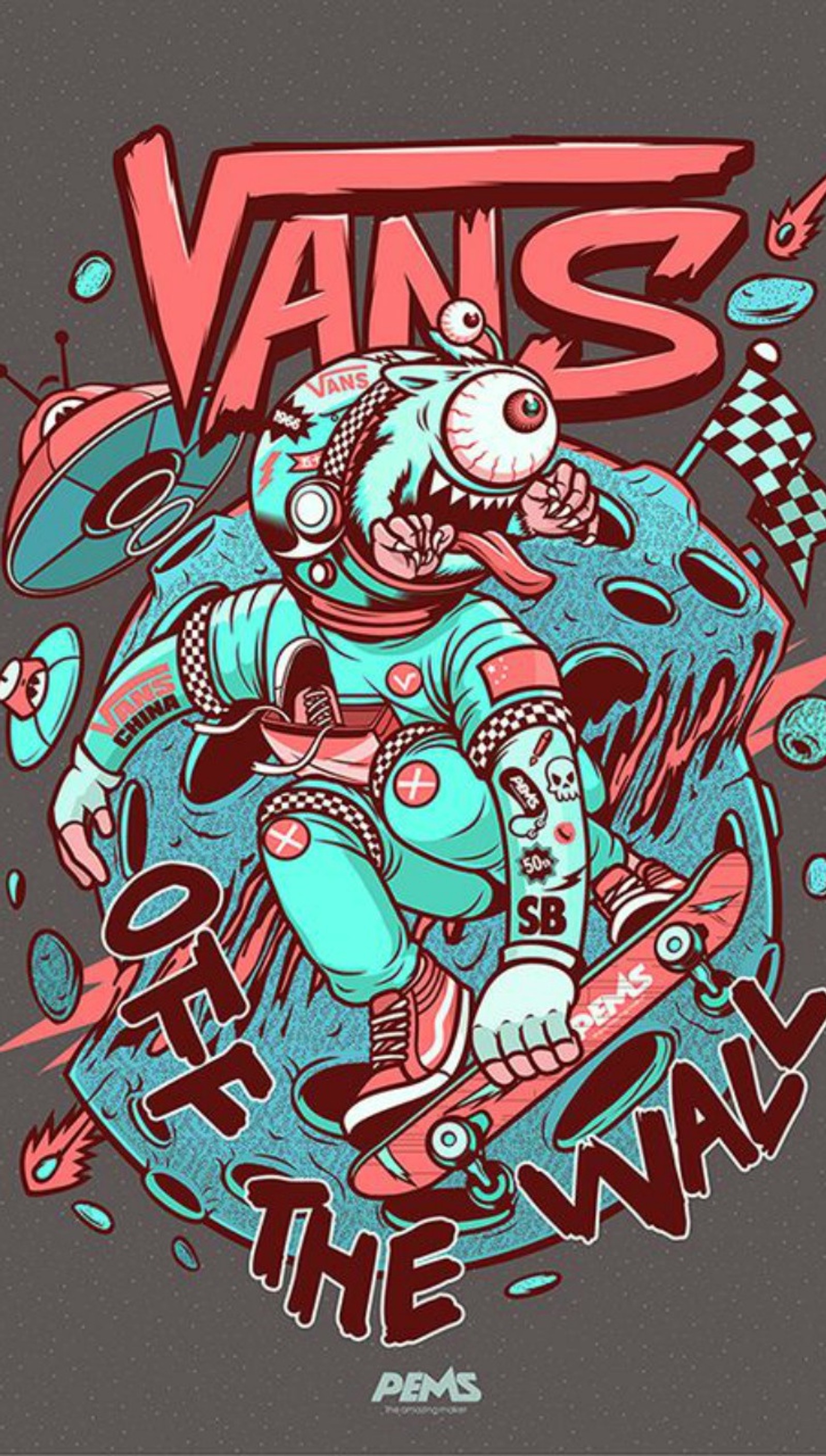 A cartoon drawing of a skateboarder riding a skateboard with a shark on it (by pems, graphics, skateboard, vans)