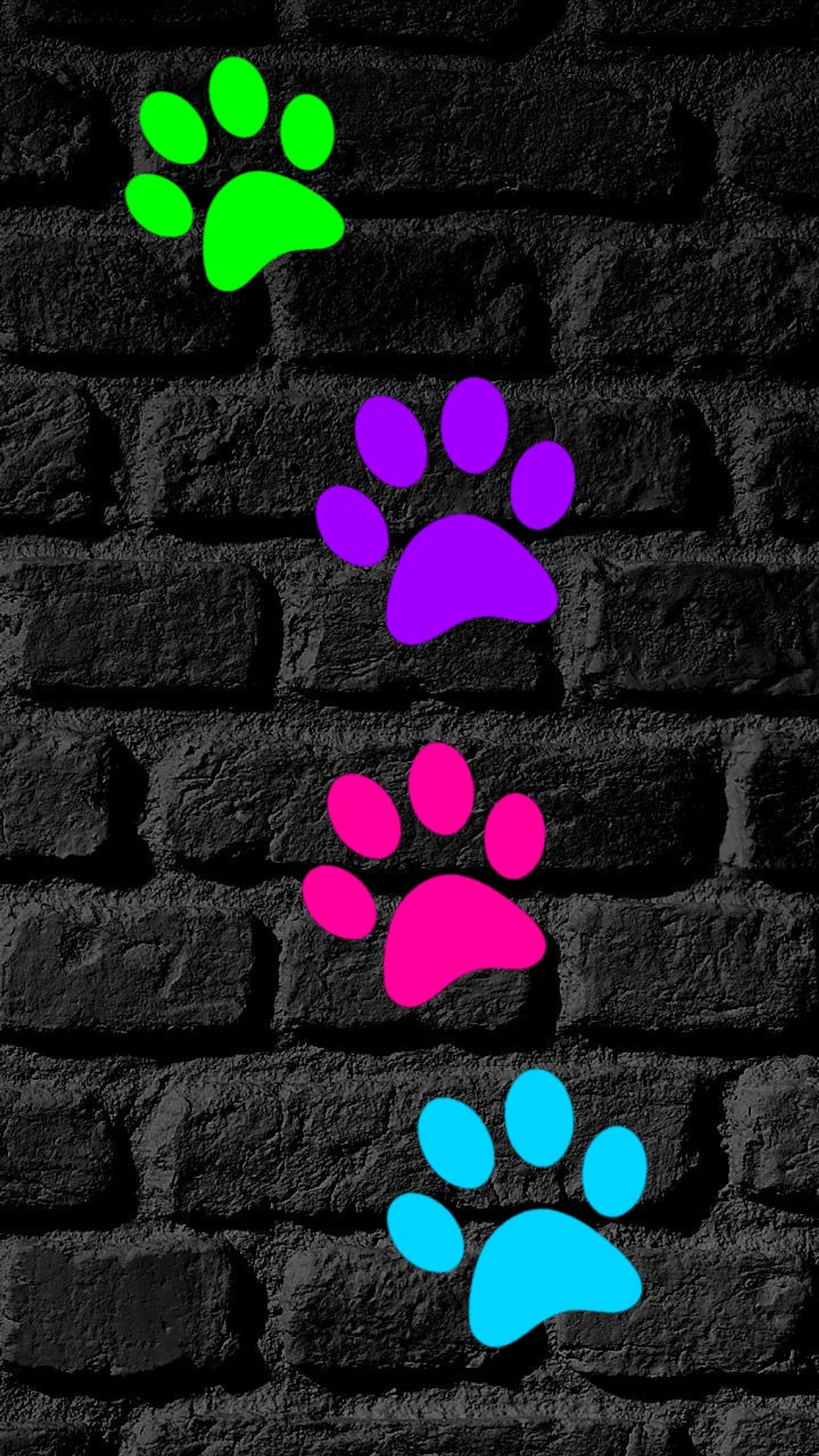 A close up of a brick wall with a dog paw print (colorful, paw, texture)