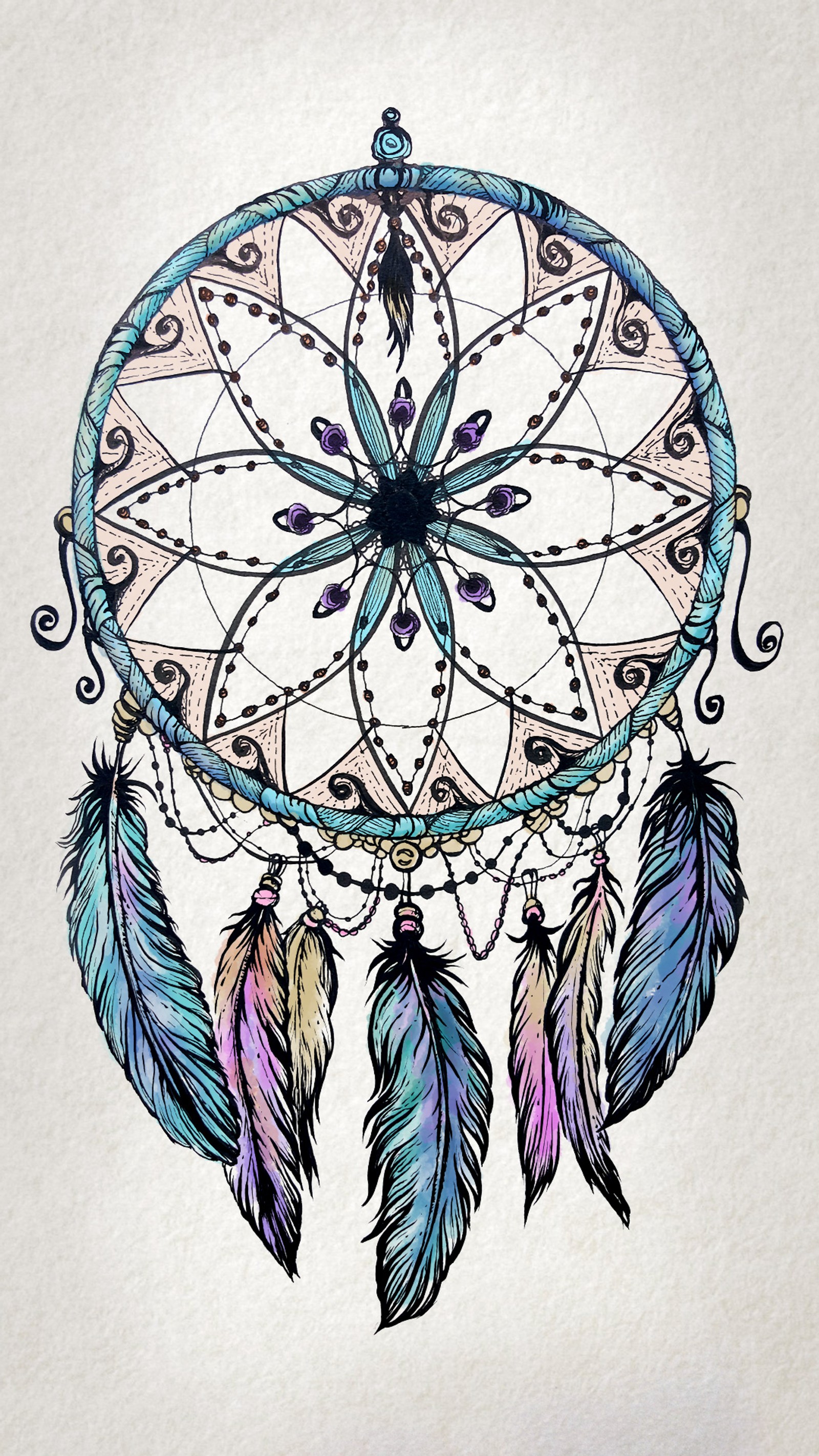 A close up of a drawing of a dream catcher with feathers (art, cool, design, hipster, ink)