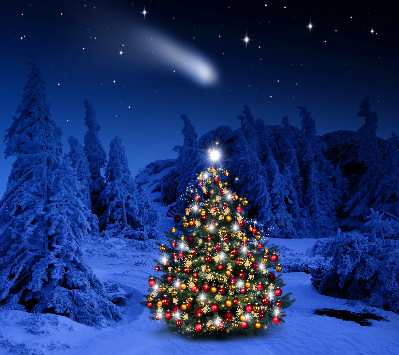 Arafed christmas tree in the snow with a shooting star in the sky (abstract, nature, night, tree, winter)