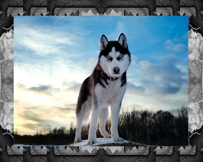 Majestuoso cachorro husky contra un fondo de cielo escénico