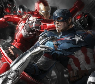 Avengers Clash: Iron Man and Captain America Face Off Against Ultron's Forces