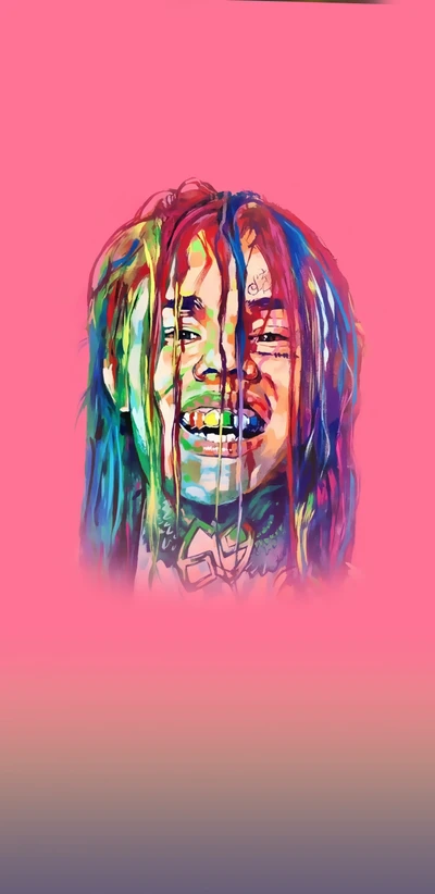 Buntes Porträt von 6ix9ine in einer lebhaften pinken Umgebung