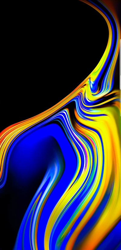 Olas abstractas vibrantes en azul y amarillo sobre un fondo oscuro