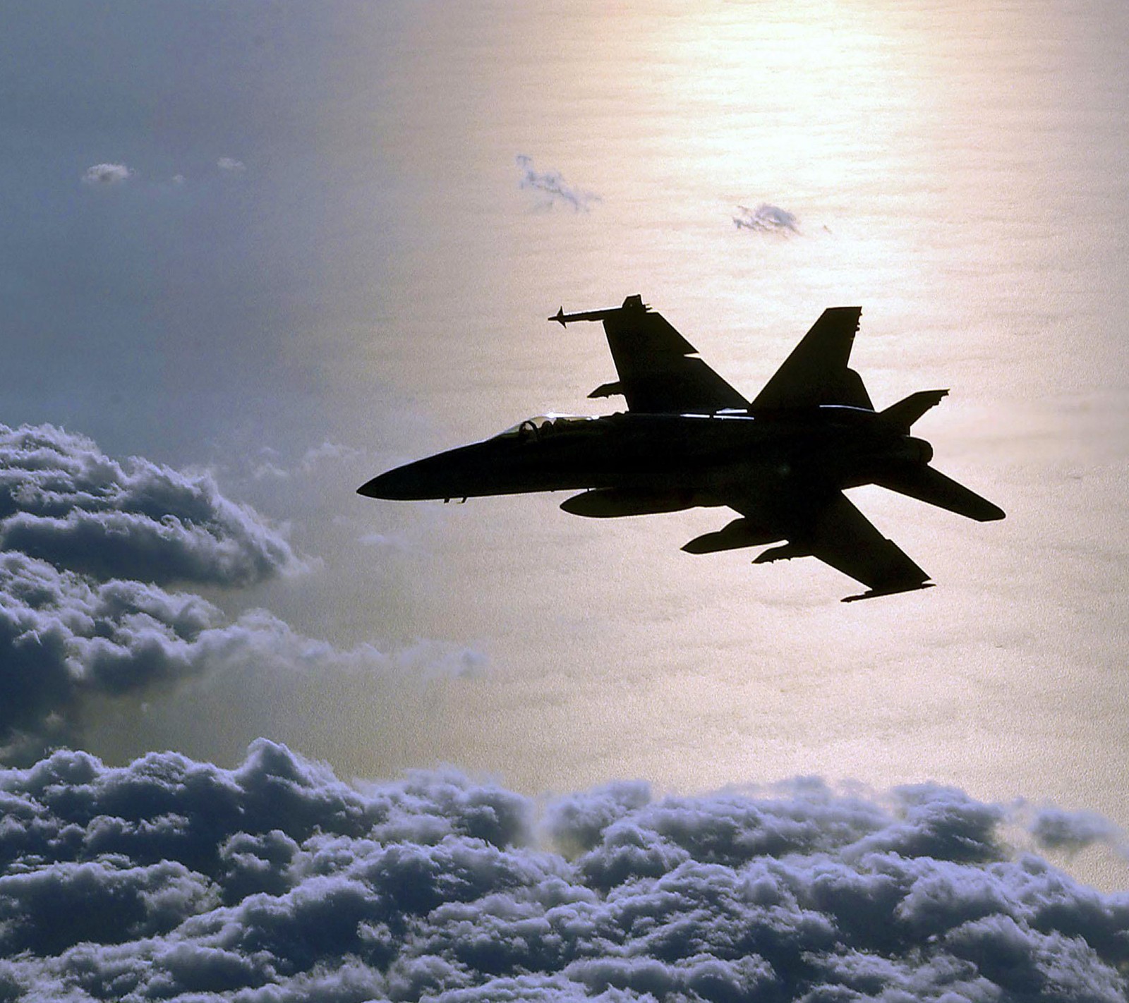 Un jet volant dans le ciel avec des nuages en dessous (avion, f18, figter, frelon, jet)