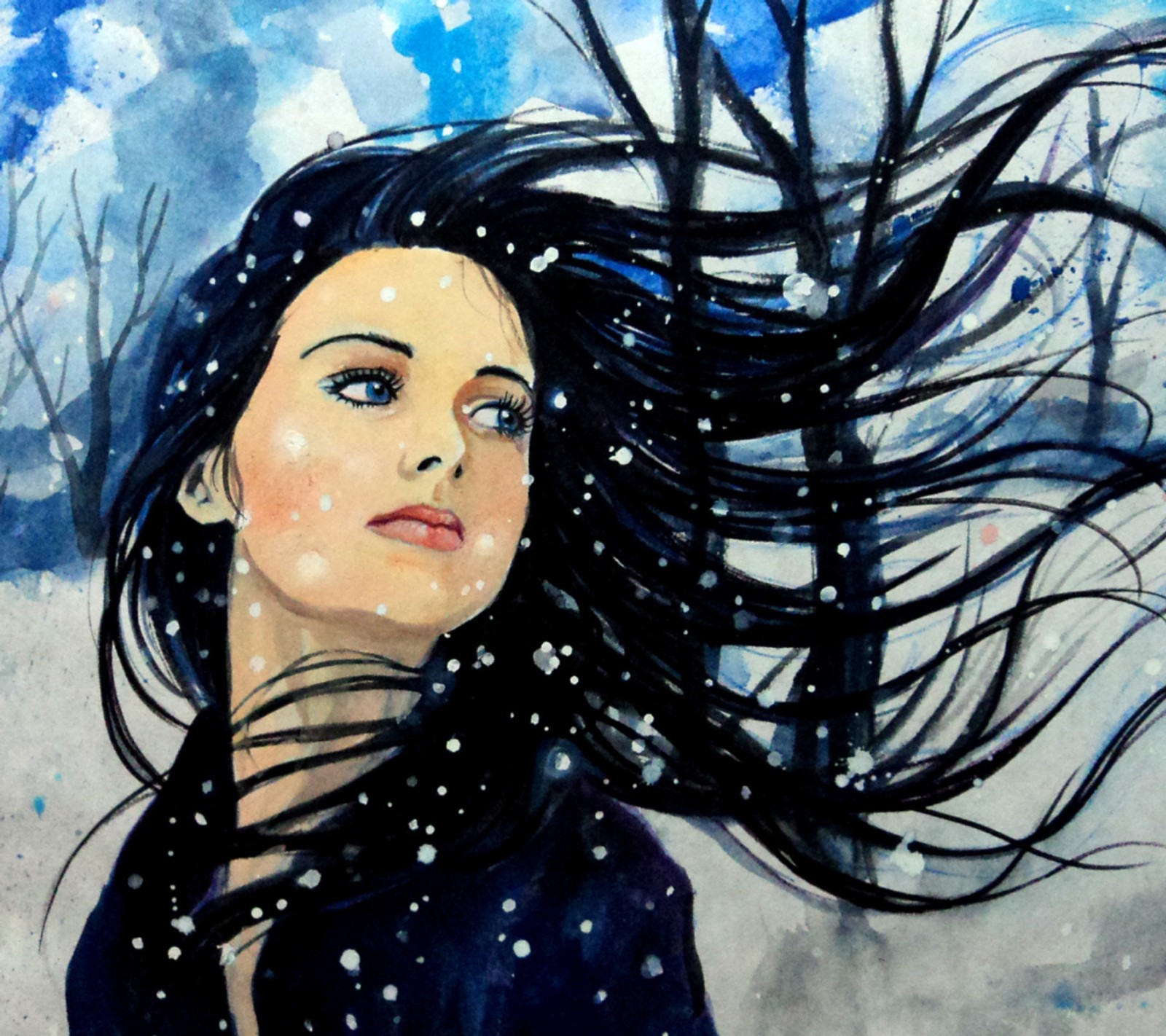 Painting of a woman with long black hair in the snow (abstract, art, awesome, beautiful, blond)