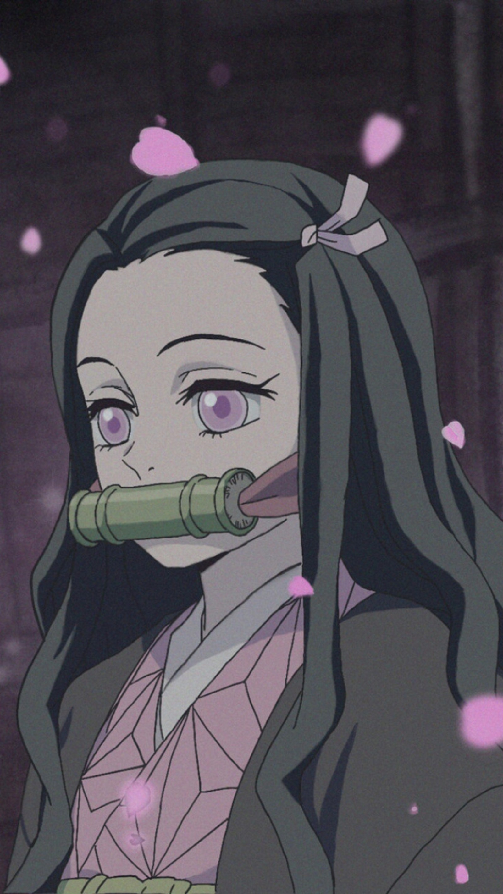 Fille anime avec de longs cheveux noirs et un bâton de bambou vert dans la bouche (anime, demon slayer, kimetsu no yaiba, nezuko, tanjiro)