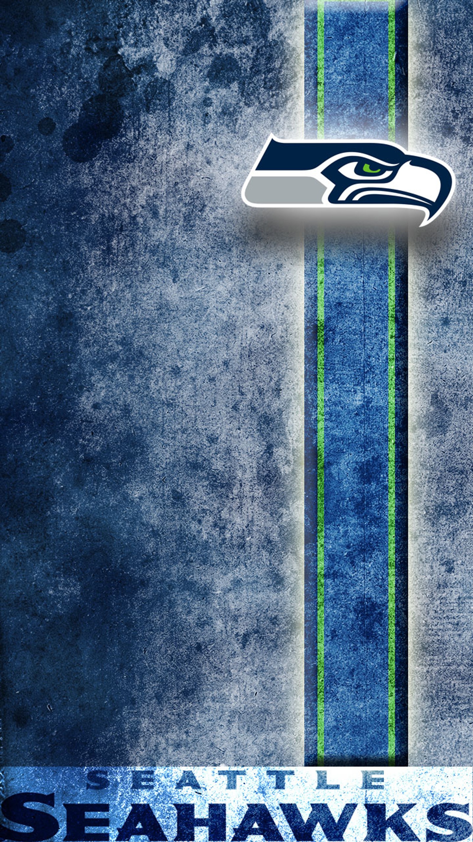 A close up of a seattle seahawks logo on a blue and green striped background (blue, football, green, nfl, seahawks)