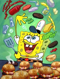 SpongeBob SquarePants Joyfully Cooking Burgers with Flying Ingredients