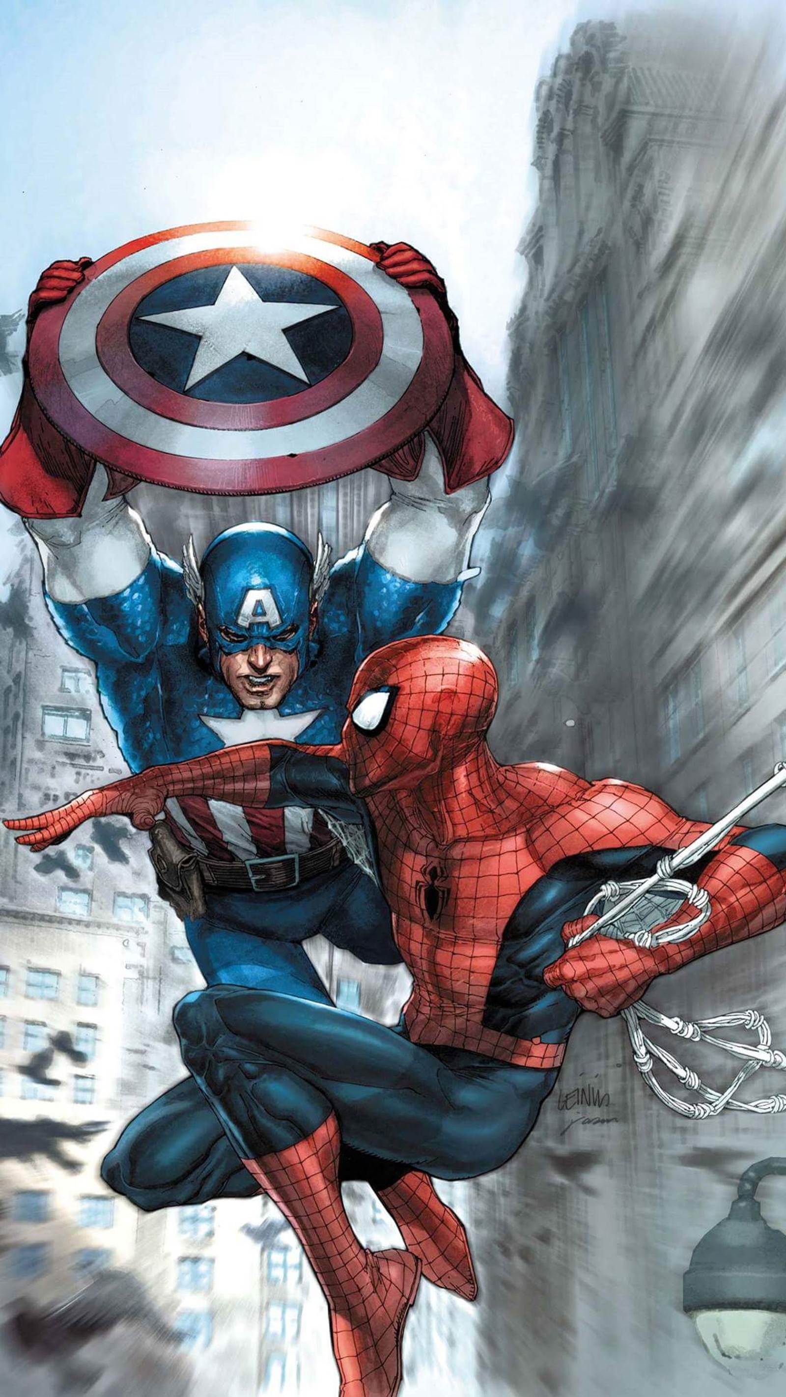 Homem-aranha e capitão américa lutam em uma cidade (américa, capitão, heróis, homem, marvel)