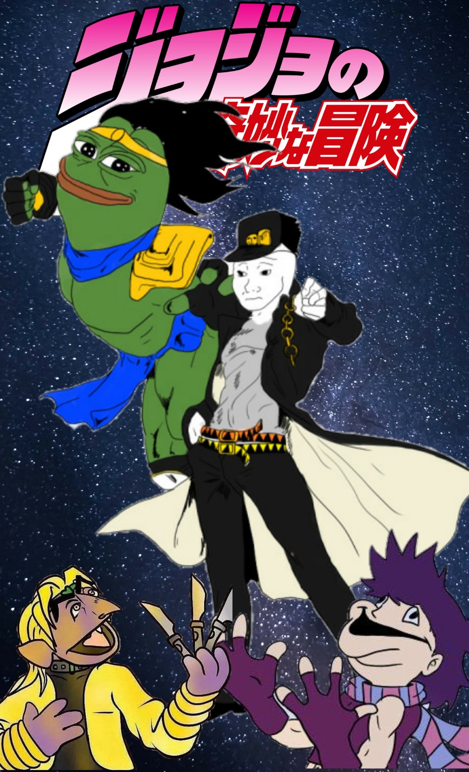 A cartoon picture of a group of people in space (jjba, jojo, meme)