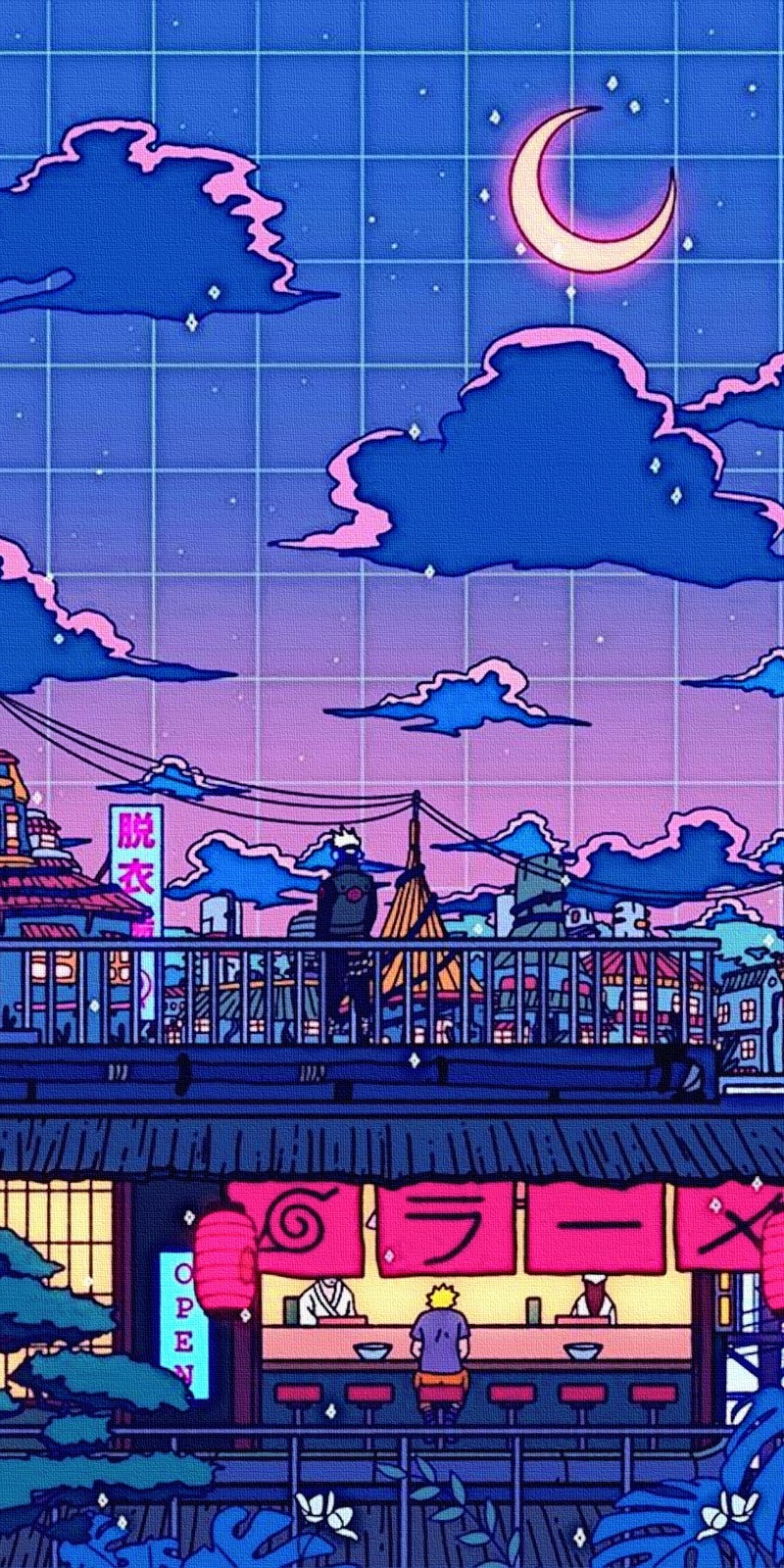 Scène nocturne d'une ville avec un train et un pont (anime, art, cartoon, ville, dessin)