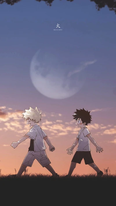 Paseio ao Pôr do Sol: Bakugou e Midoriya em um Momento Sereno