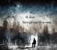 A solitary figure seated on a chair against a backdrop of a desolate cityscape, contemplating life with a poignant message about the passage of time.