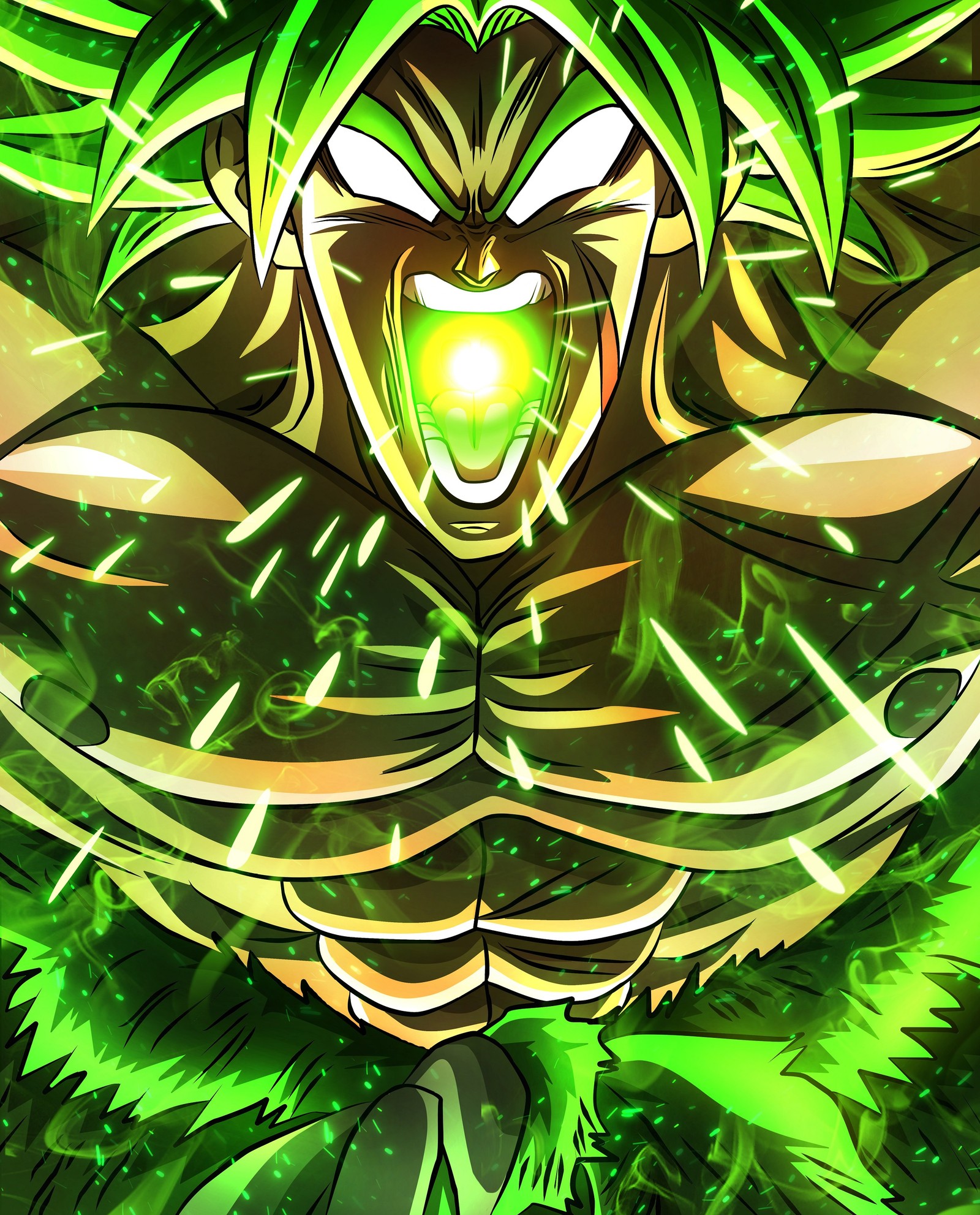 Close-up de um personagem de desenho animado com uma luz verde (anime, broly, dragon ball super, goku, hd)