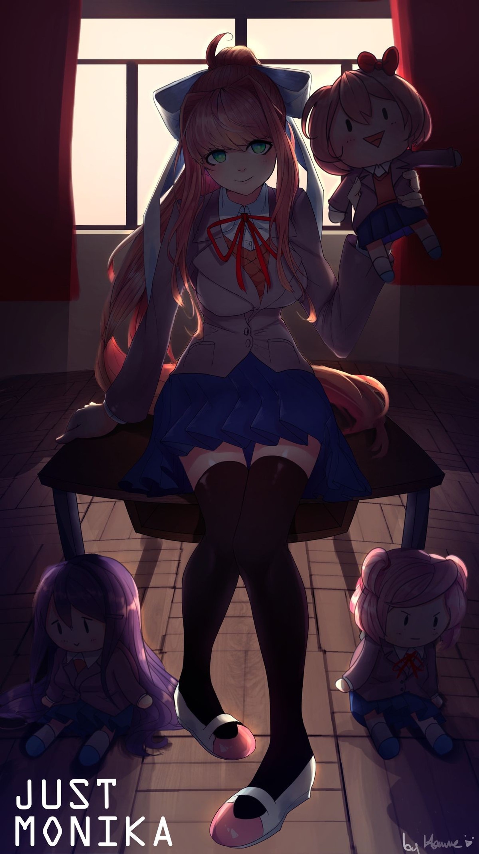 Anime-mädchen sitzt auf einer bank mit ihren stofftieren (doki doki, literature club)