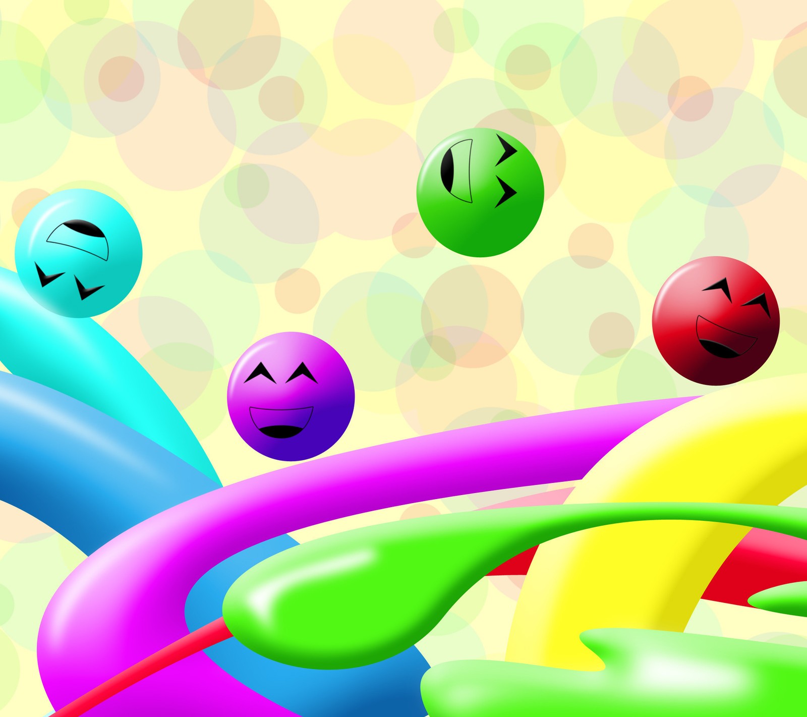 A close up of a bunch of colorful balls with faces on them (abstract, ball, circle, digital art, smiley)