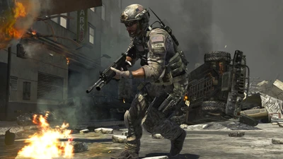 Soldat, der sich im urbanen Kampf mitten im Chaos in Call of Duty engagiert