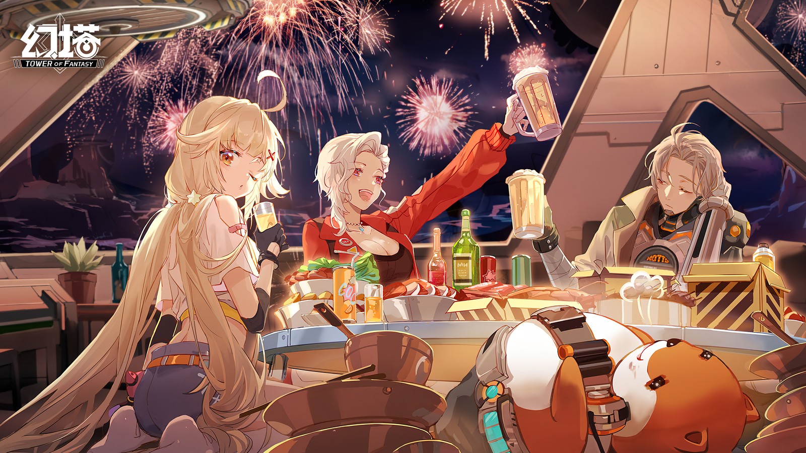 Personnages anime assis à une table avec des feux d'artifice en arrière-plan (tower of fantasy, jeu vidéo)