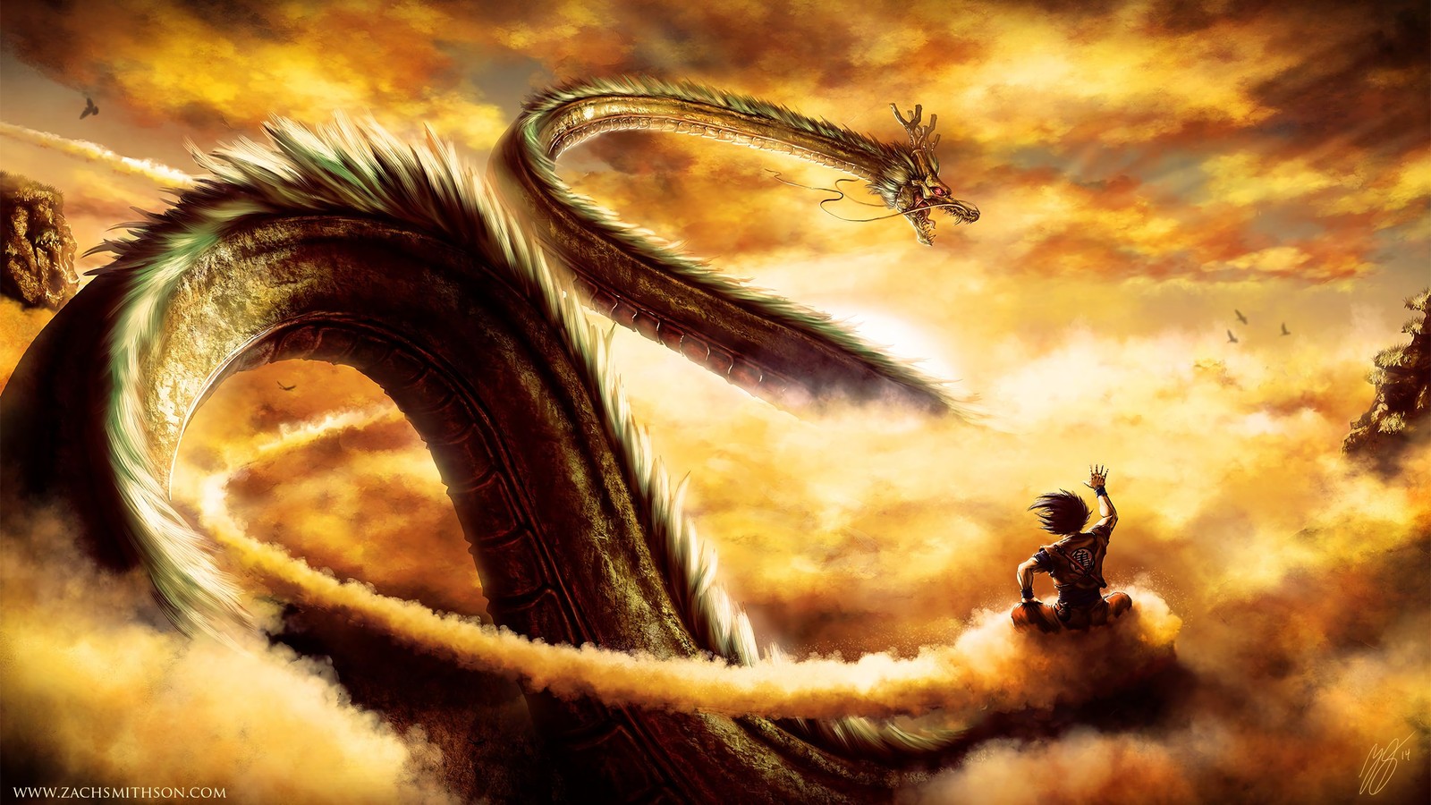 Un dragón volando sobre un hombre montando a caballo en el cielo (goku, dragon ball, dragón, super saiyan, pintura)