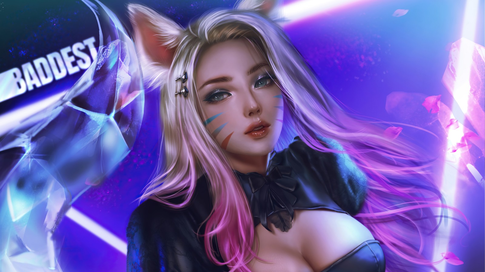 Una mujer con cabello rosa y orejas de gato posando para una foto (lol, league of legends, videojuego, kda, ahri)