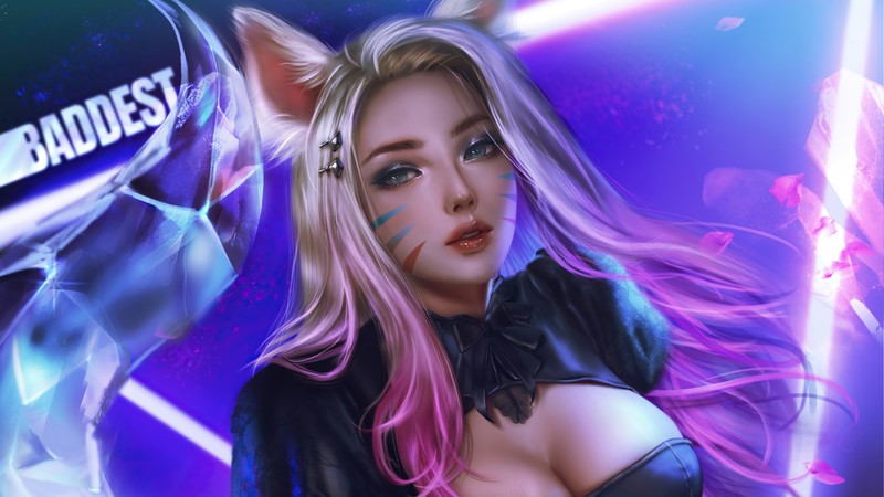 Женщина с розовыми волосами и ушками кошки позирует для фото (lol, league of legends, видеоигра, kda, ахри)